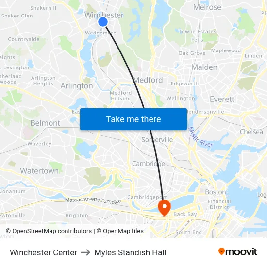 Winchester Center to Myles Standish Hall map