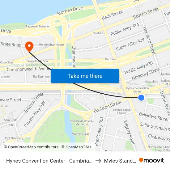 Hynes Convention Center - Cambria St @ Boylston St to Myles Standish Hall map