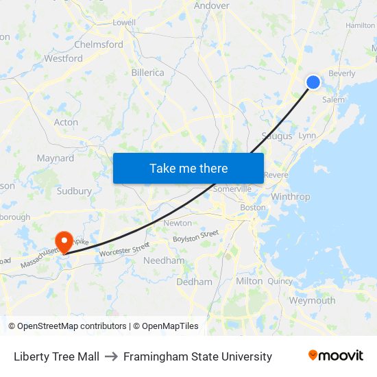 Liberty Tree Mall to Framingham State University map