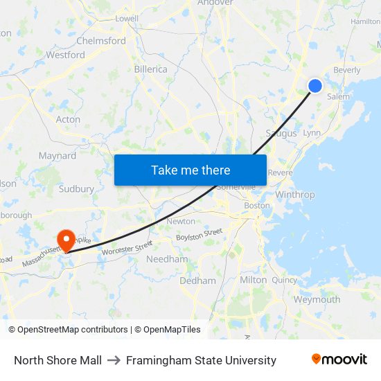 North Shore Mall to Framingham State University map