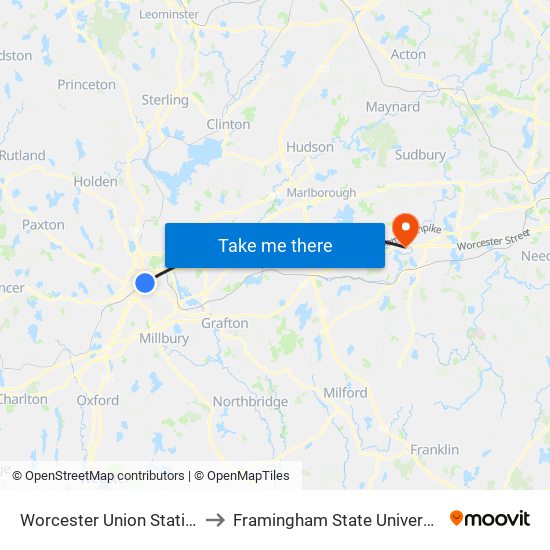 Worcester Union Station to Framingham State University map