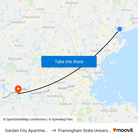 Garden City Apartments to Framingham State University map