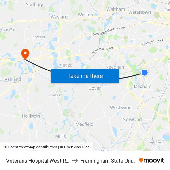 Veterans Hospital West Roxbury to Framingham State University map