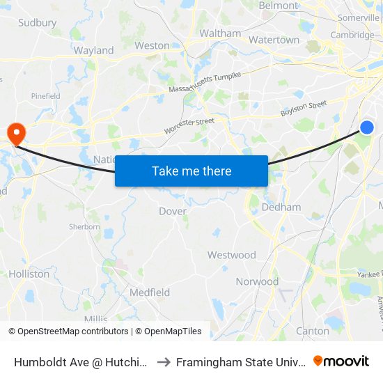 Humboldt Ave @ Hutchings St to Framingham State University map