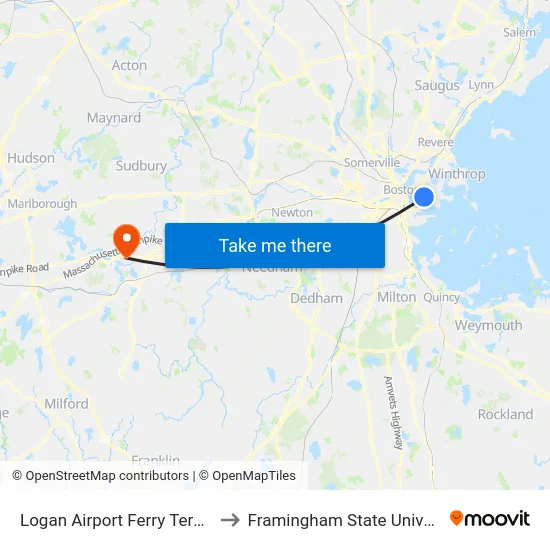 Logan Airport Ferry Terminal to Framingham State University map