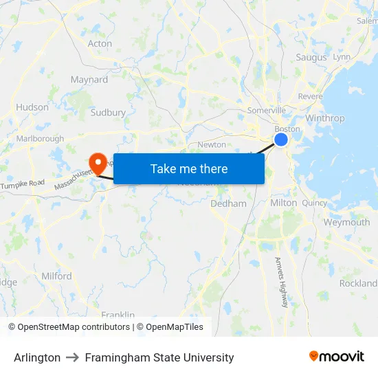 Arlington to Framingham State University map