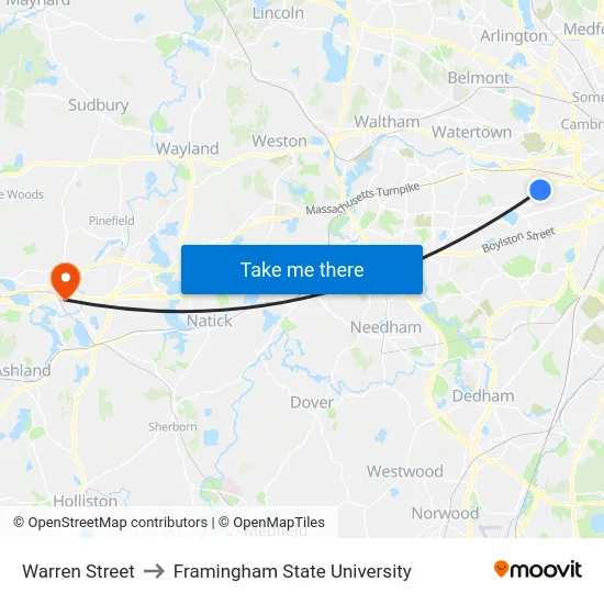 Warren Street to Framingham State University map
