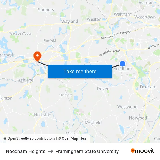 Needham Heights to Framingham State University map