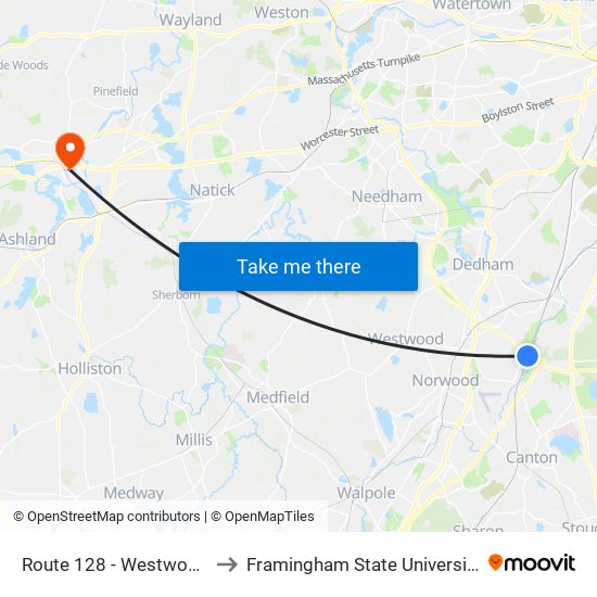 Route 128 - Westwood to Framingham State University map