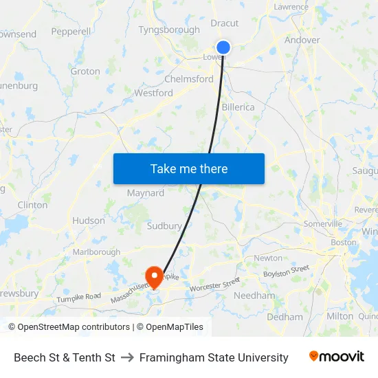 Beech St & Tenth St to Framingham State University map