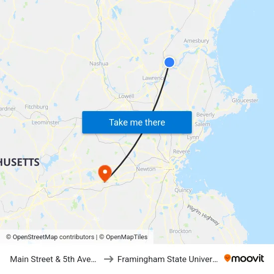 Main Street & 5th Avenue to Framingham State University map