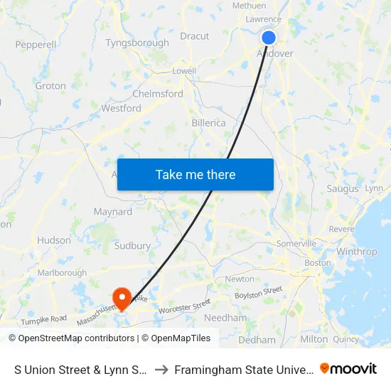 S Union Street & Lynn Street to Framingham State University map