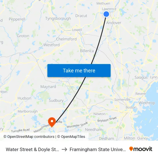 Water Street & Doyle Street to Framingham State University map