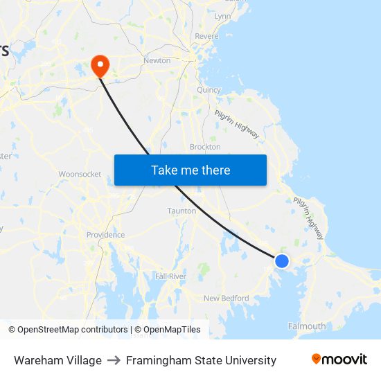 Wareham Village to Framingham State University map