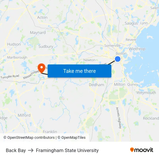 Back Bay to Framingham State University map
