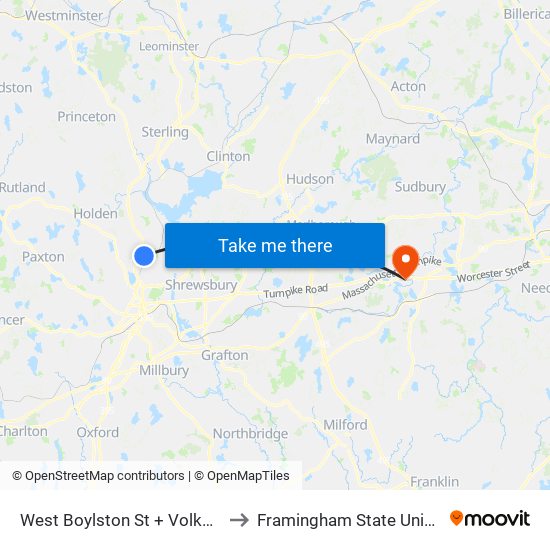 West Boylston St + Volkmar Rd to Framingham State University map
