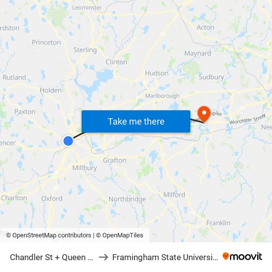 Chandler St + Queen St to Framingham State University map