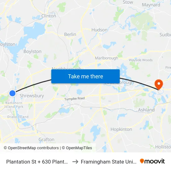 Plantation St +  630 Plantation St to Framingham State University map