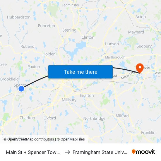 Main St + Spencer Town Hall to Framingham State University map