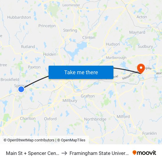 Main St + Spencer Center to Framingham State University map