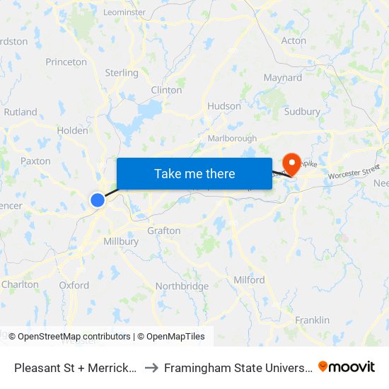 Pleasant St + Merrick St to Framingham State University map