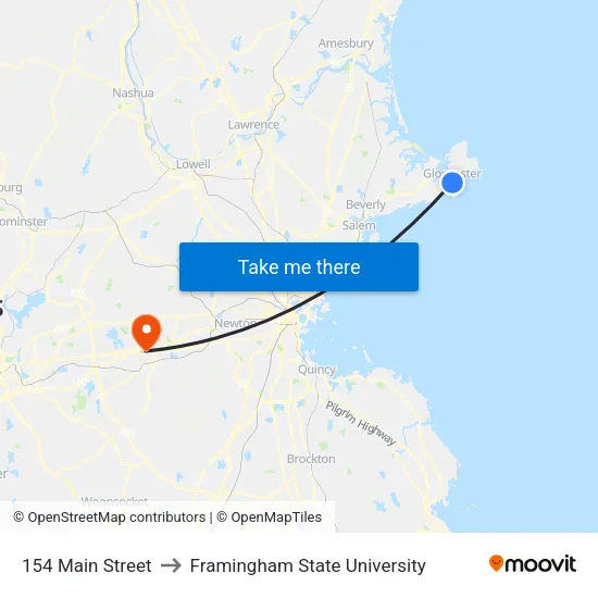 154 Main Street to Framingham State University map