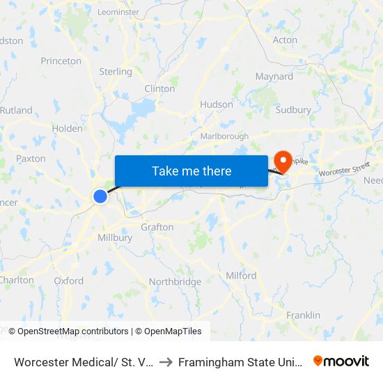 Worcester Medical/ St. Vincent to Framingham State University map