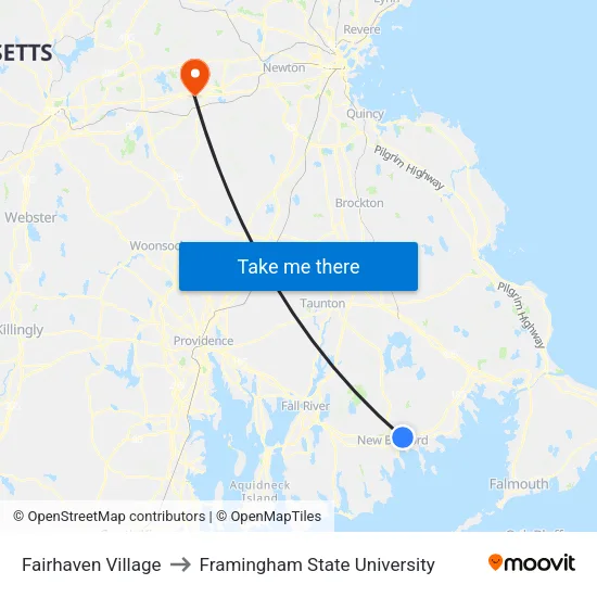 Fairhaven Village to Framingham State University map