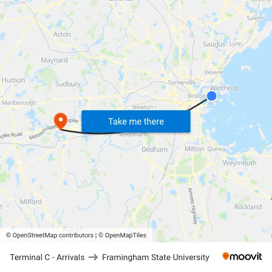 Terminal C - Arrivals to Framingham State University map