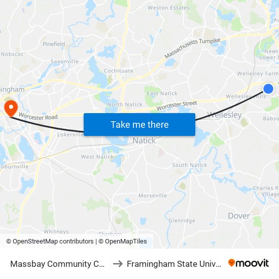 Massbay Community College to Framingham State University map