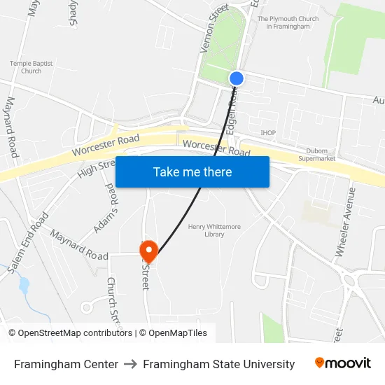 Framingham Center to Framingham State University map