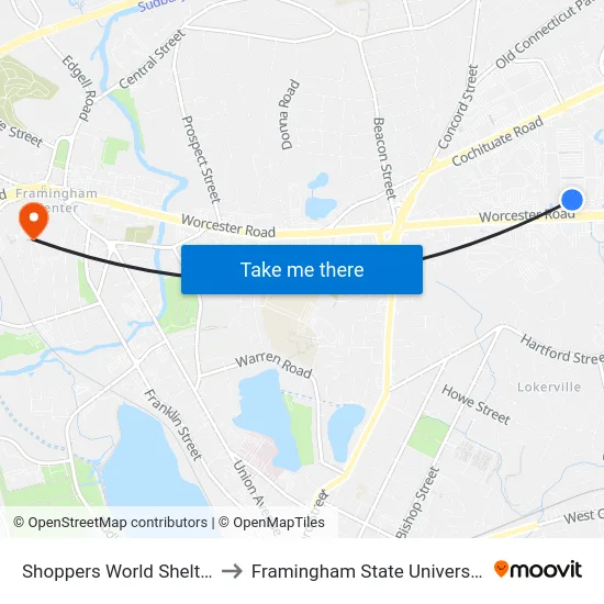 Shoppers World Shelter to Framingham State University map