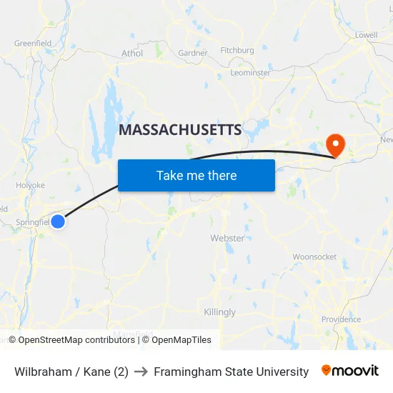 Wilbraham / Kane (2) to Framingham State University map