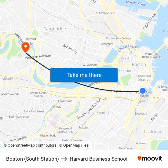 Boston (South Station) to Harvard Business School map