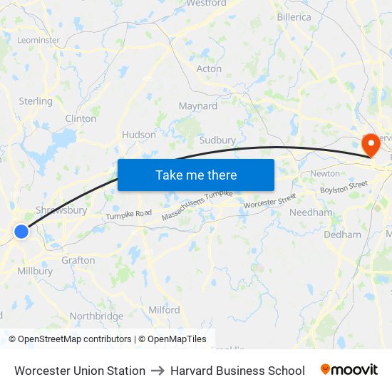 Worcester Union Station to Harvard Business School map