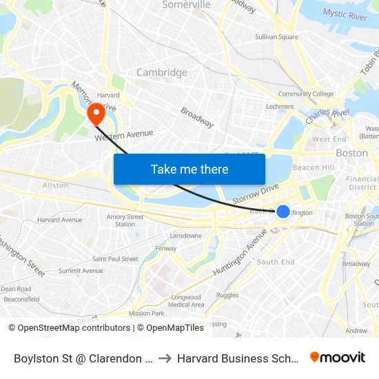 Boylston St @ Clarendon St to Harvard Business School map