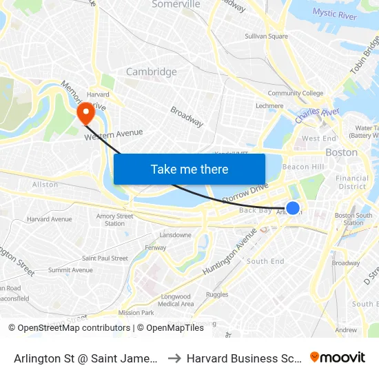 Arlington St @ Saint James Ave to Harvard Business School map