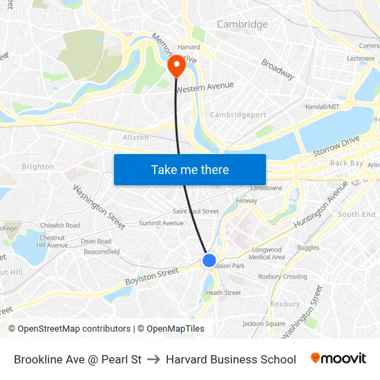 Brookline Ave @ Pearl St to Harvard Business School map