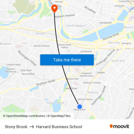 Stony Brook to Harvard Business School map