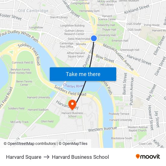 Harvard Square to Harvard Business School map