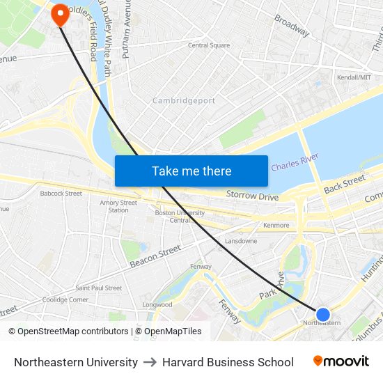 Northeastern University to Harvard Business School map