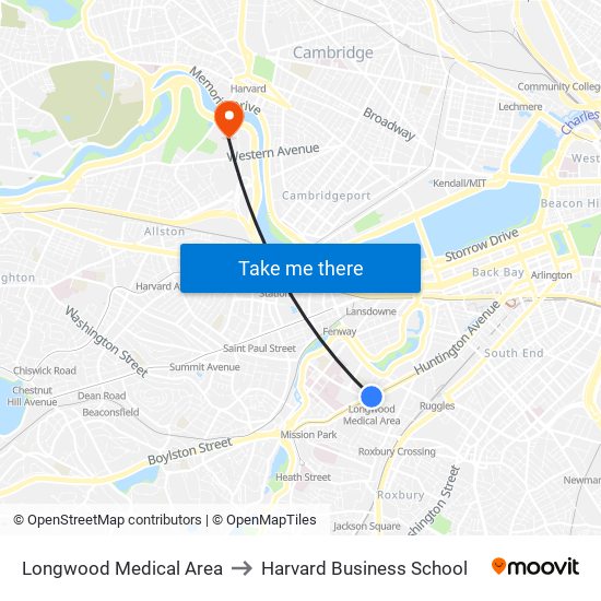 Longwood Medical Area to Harvard Business School map