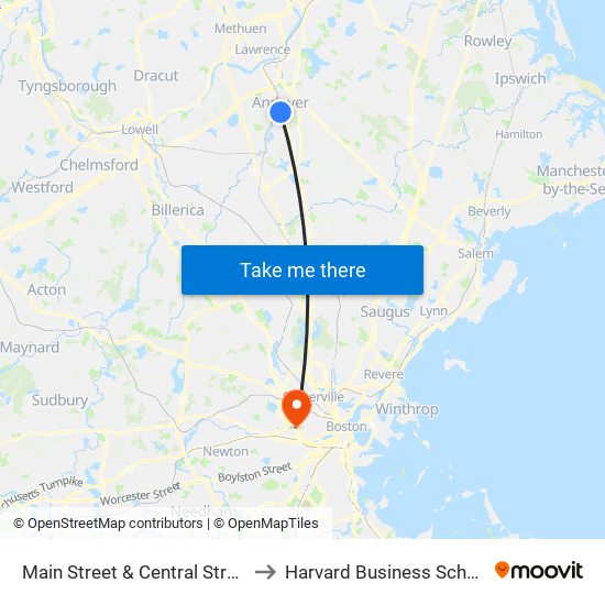 Main Street & Central Street to Harvard Business School map