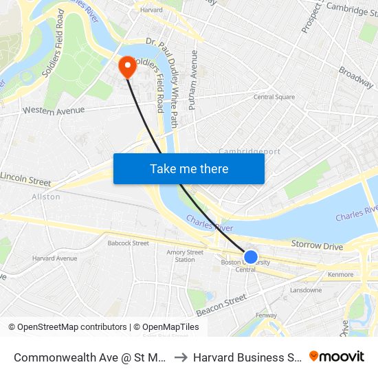 Commonwealth Ave @ St Mary's St to Harvard Business School map