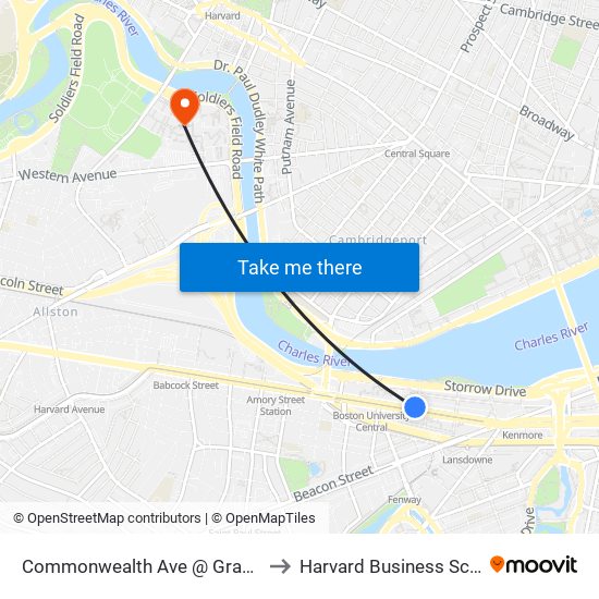 Commonwealth Ave @ Granby St to Harvard Business School map