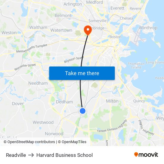 Readville to Harvard Business School map