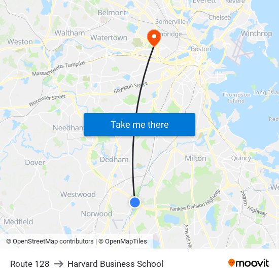 Route 128 to Harvard Business School map