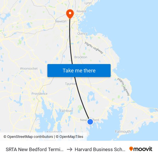 SRTA New Bedford Terminal to Harvard Business School map