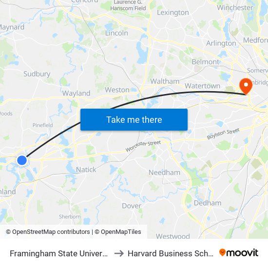 Framingham State University to Harvard Business School map