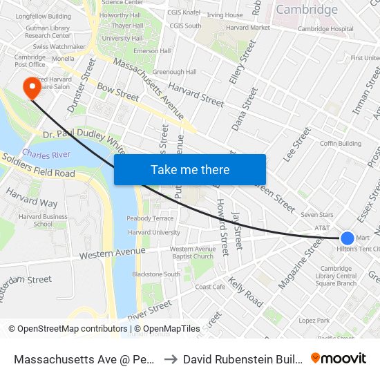 Massachusetts Ave @ Pearl St to David Rubenstein Building map